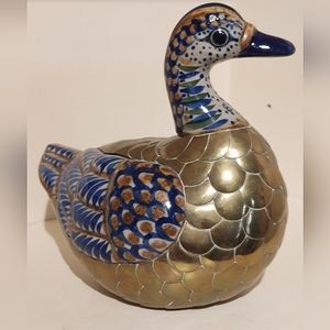 Vintage 70s Mexican Folk Art Large Tonala Brass and Pottery Duck |